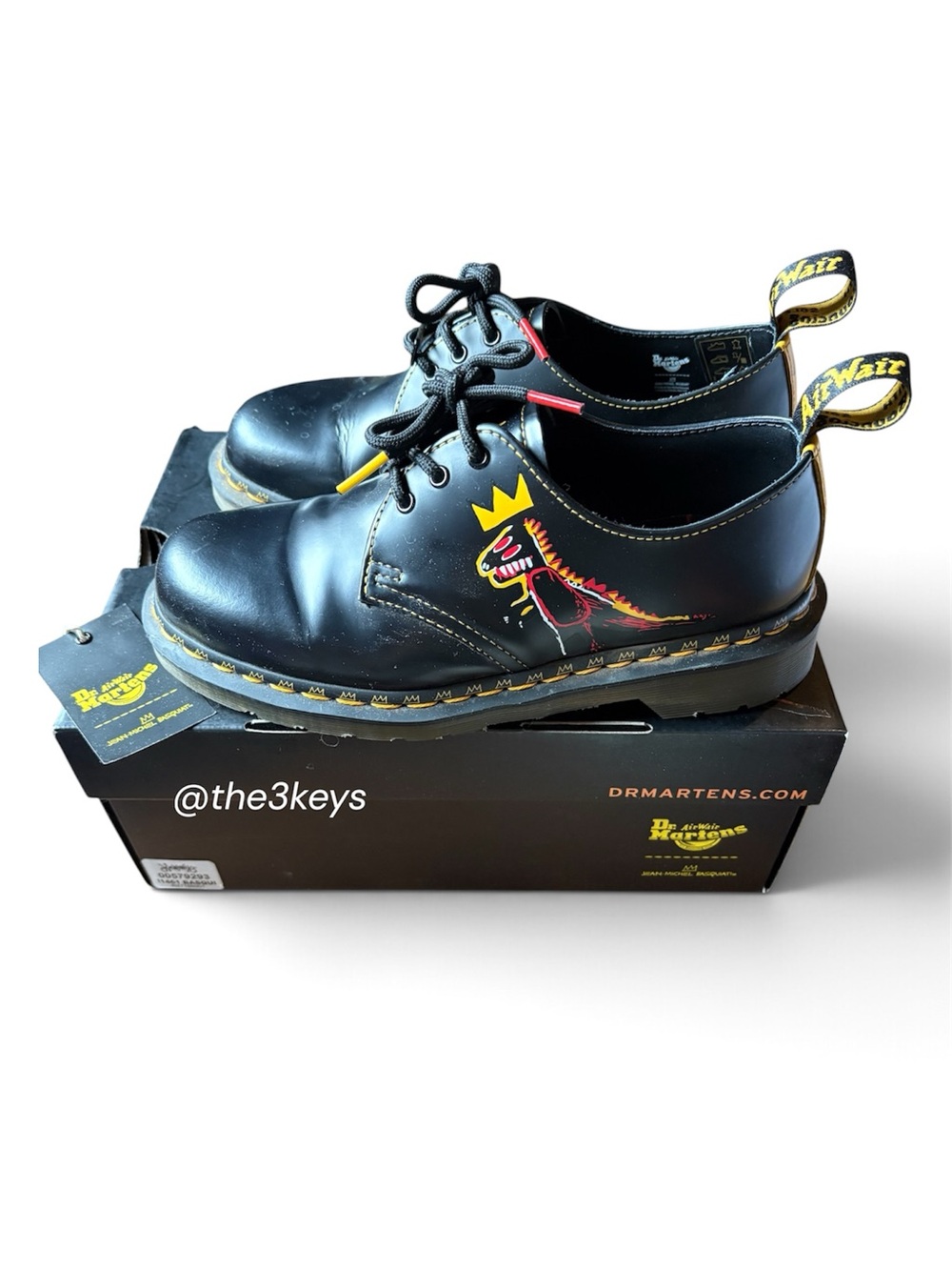 Dr. Martens Black 3-Eye Oxfords with Yellow & Red Dino Motif w/box W7 M6